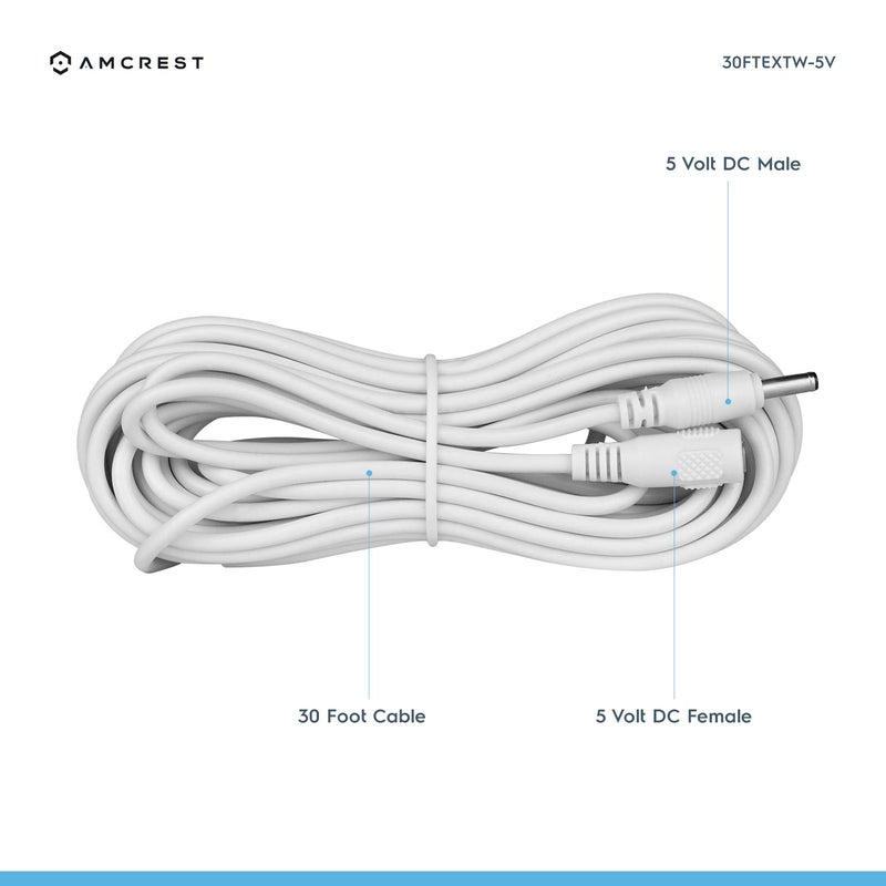 Amcrest Extension Cable IPM-721B/W/S, IP2M-841B/W/S, IP2M-841EB/W, IP3M-941B/W, IPM-721ES, IPM-HX1B/W and IP3M-HX2B/W. Power AC Adapter 30FT White (30FTEXTW-5V) - Image 2